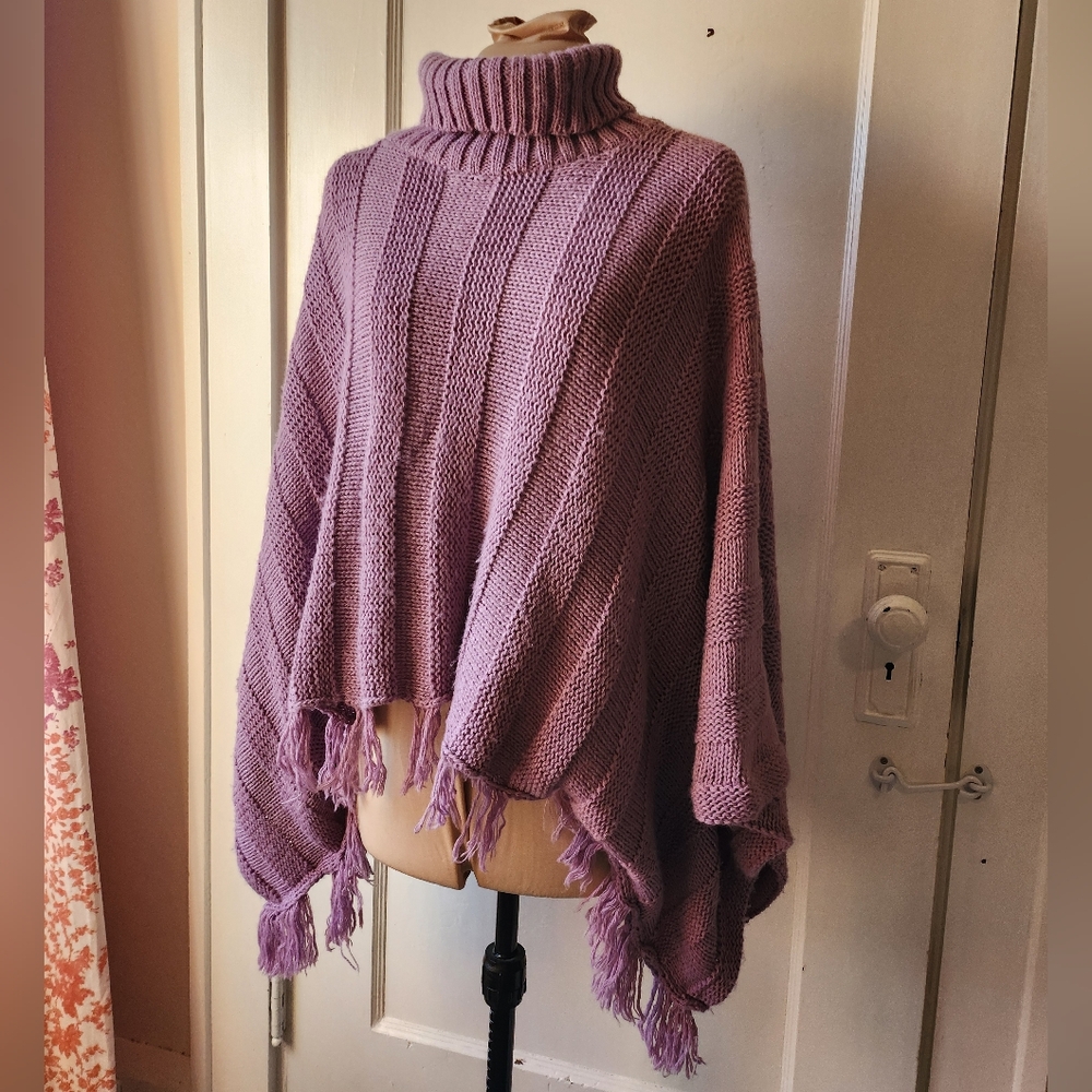 Bisou Bisou Y2K Lilac Purple Fringed Turtleneck Poncho